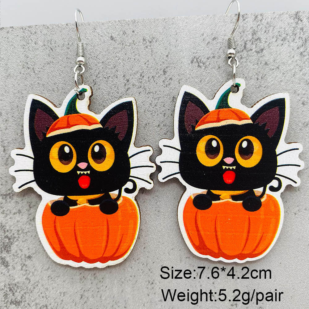 Wholesale  Halloween jewelry cartoon bat ghost pumpkin wood earrings