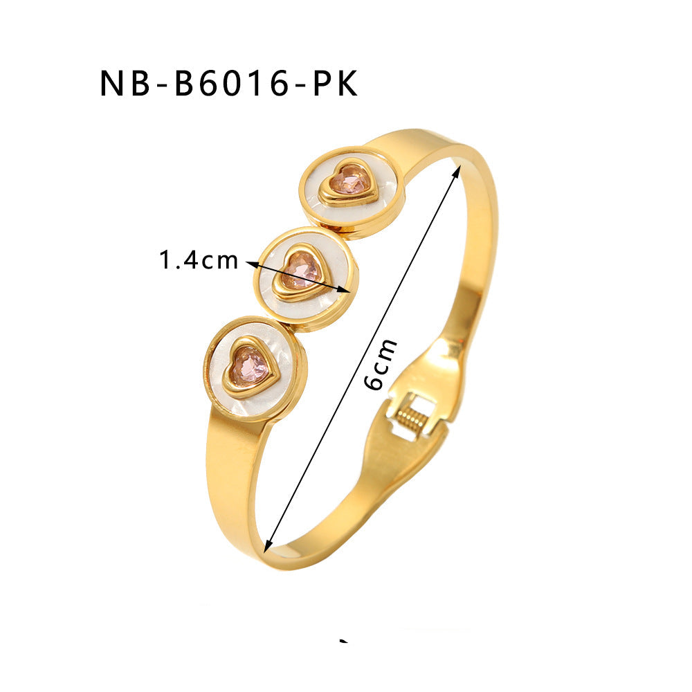 Wholesale stainless steel heart-shaped colorful zircon inlaid white sea shell 18K gold bracelet