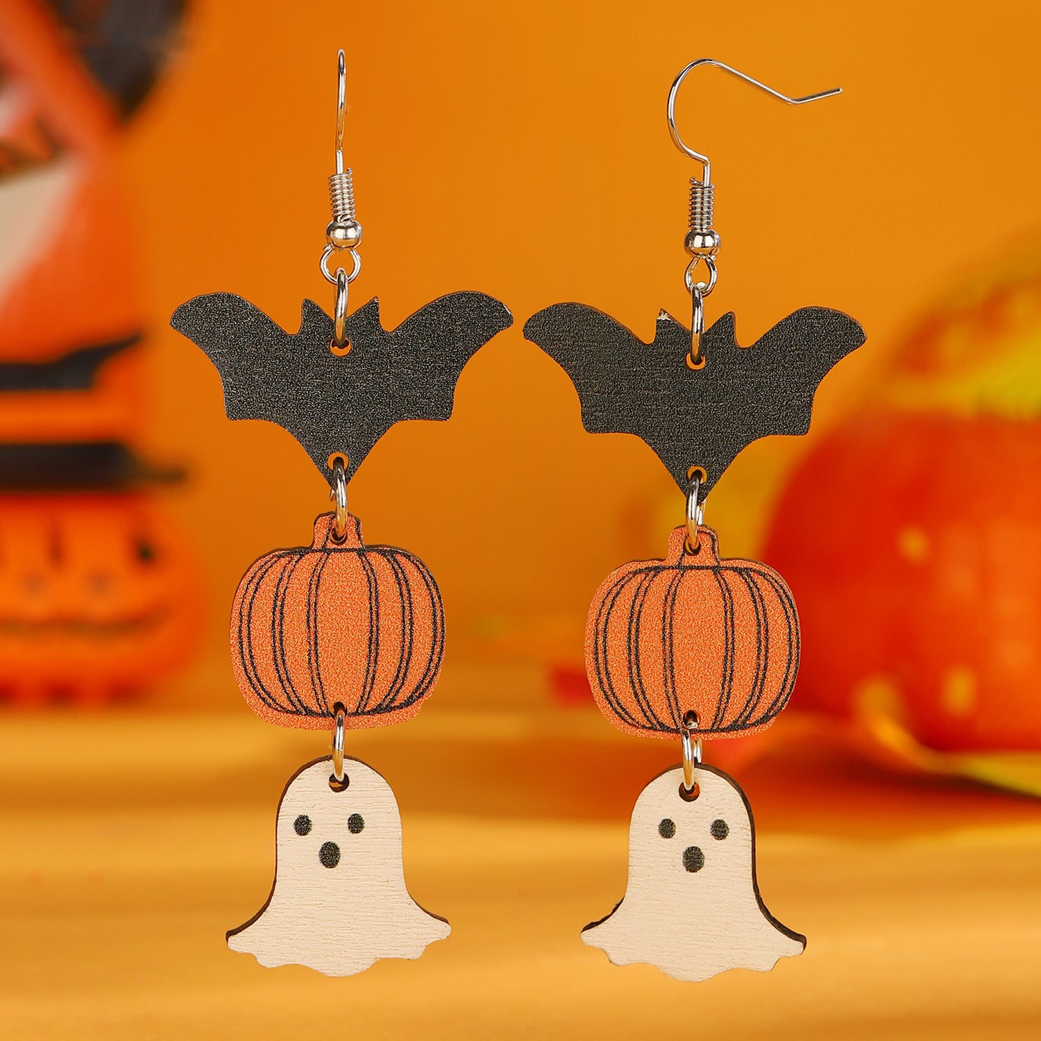 Wholesale Gothic  Wood Drop Earrings Pumpkin Skull Black Cat Ghost Trio Fashion Accessory Gift