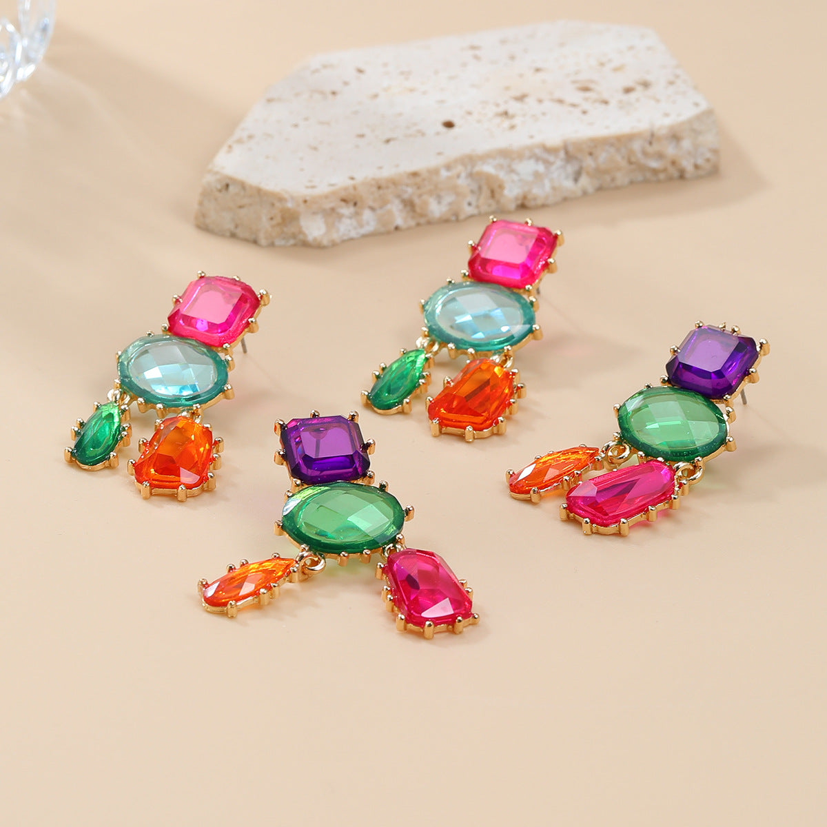Wholesale colored diamond earrings multi-layer geometric color matching earrings