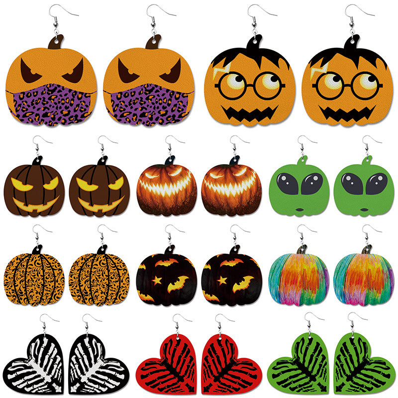 Wholesale  PU Leather Earrings Creative Pumpkin Bat Skull Heart Designs Chic Jewelry Accessory For Party Boutique Resale