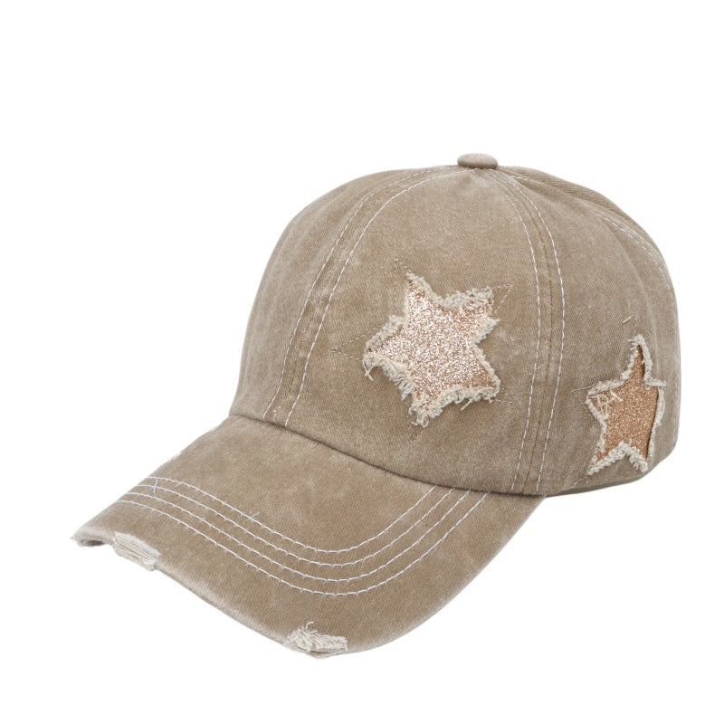 Wholesale  five-pointed star sequined ponytail ripped baseball cap