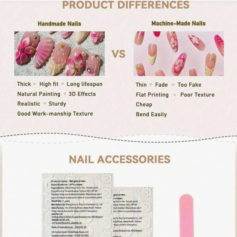 Wholesale 10 Pieces Almond Shaped Press On Nails Pink Gradient Floral Pearl Design Sweet Everyday Fashion Accessory Gift For Women