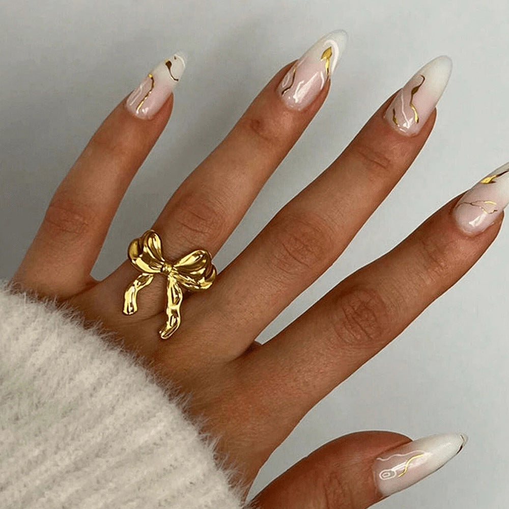Wholesale Trendy 18K Gold Plated Stainless Steel Bow Ring For Women Simple Hand Polished Fashion Jewelry Accessory Gift Boutique Resale