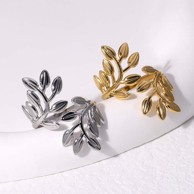 Wholesale Stainless Steel Leaf Open Ring Electroplated Finish Fashion Jewelry Accessory For Everyday Wear Party And Gift