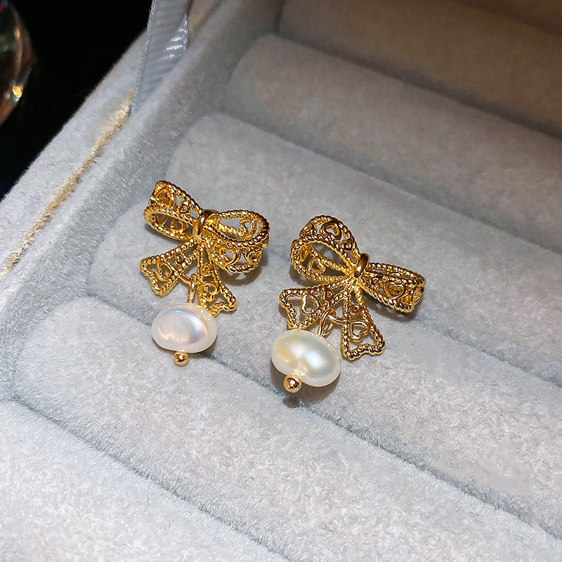 Wholesale Real Gold Plated Silver Needle Bow Pearl Earrings