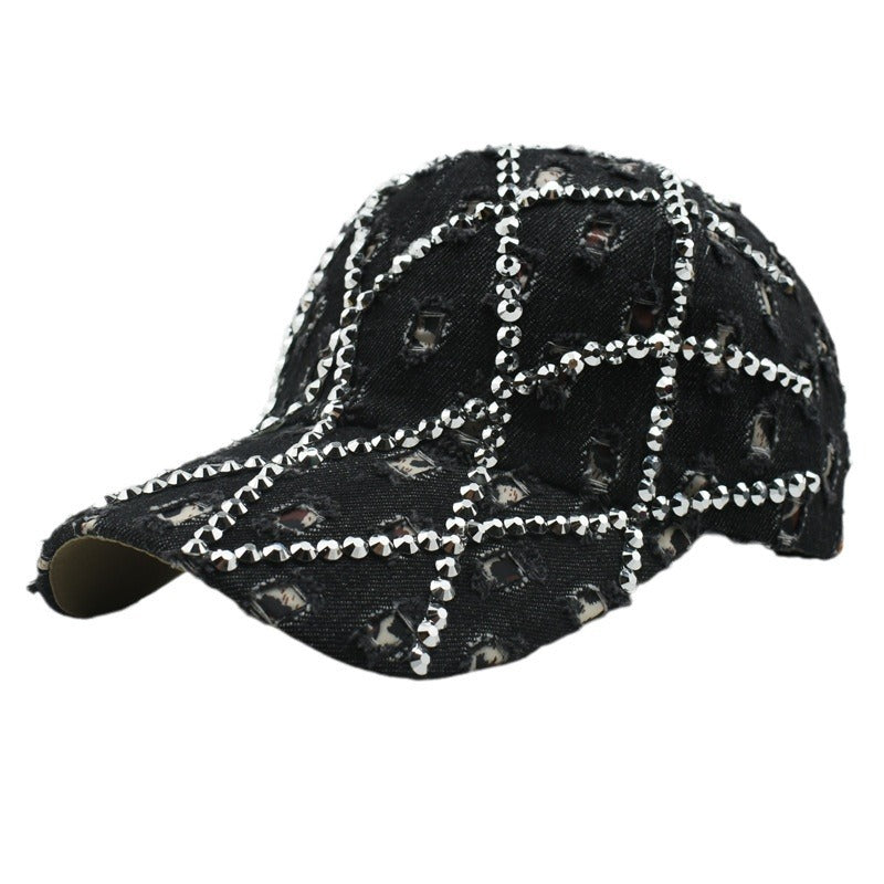 Wholesale Ripped Leopard Washed Diamond Rhinestone Fashion Baseball Cap