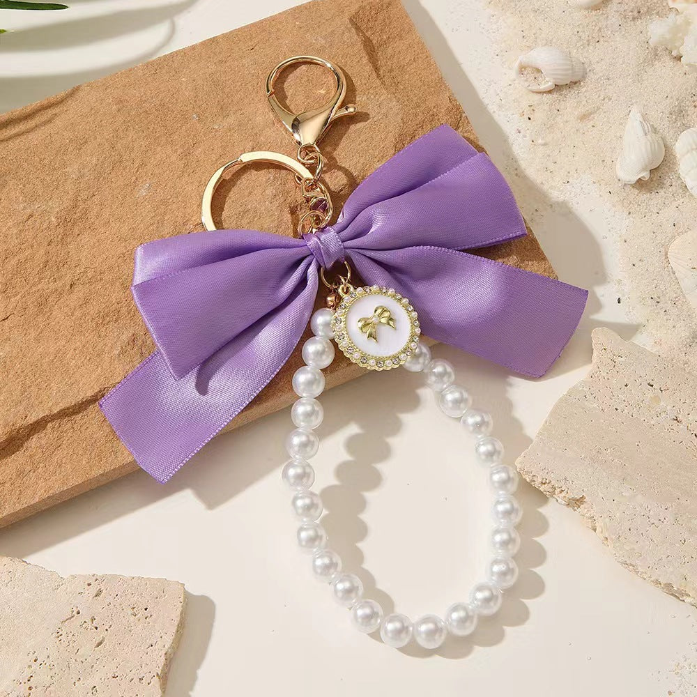 Wholesale Vintage Imitation Pearl Bow Keychain Pendant Alloy Car Key Accessory