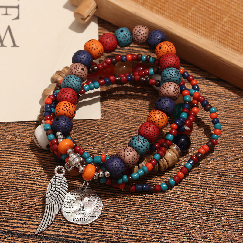 Wholesale Alloy Bohemian Multi-Layer Beaded Bracelet with Wing Design,  Fashion Accessory for Women,  Travel Gift