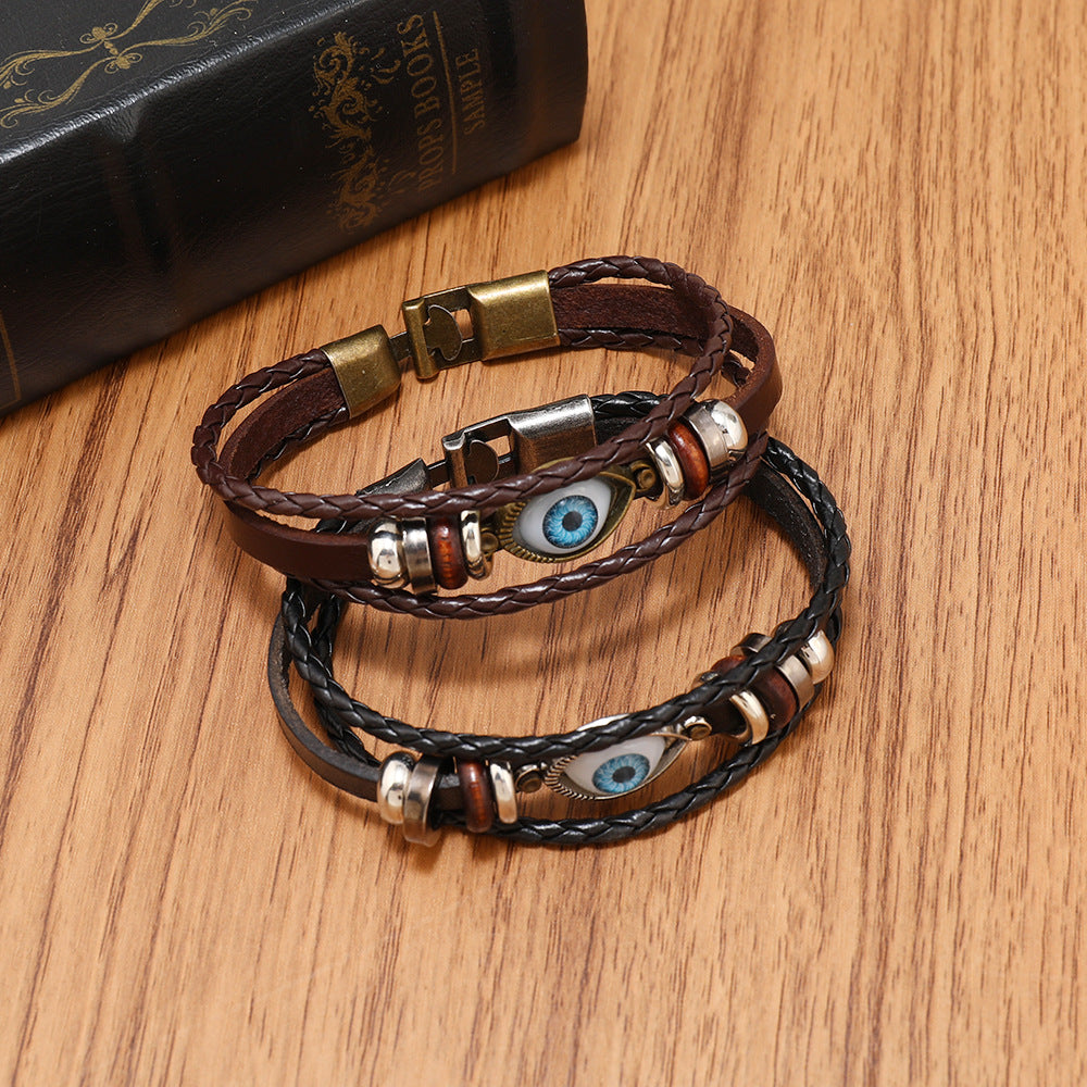 Wholesale 2PCS Leather vintage multi-layer evil eye bracelet