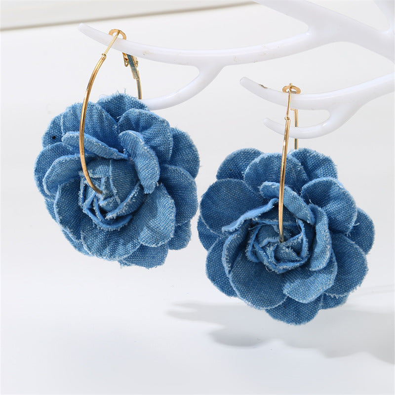 Wholesale Camellia denim blue fabric earrings