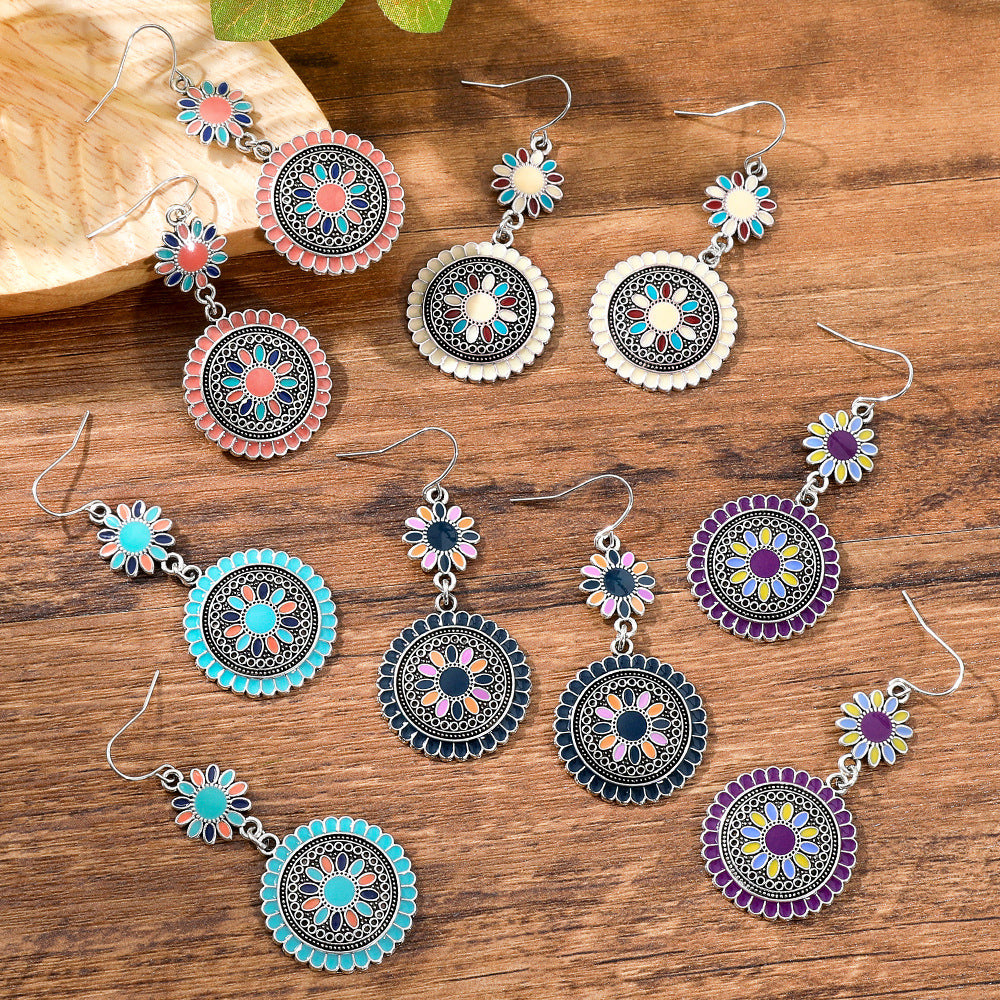 Wholesale Retro Sunflower Oil Drip Earrings - Zinc Alloy Jewelry Accessory for Party