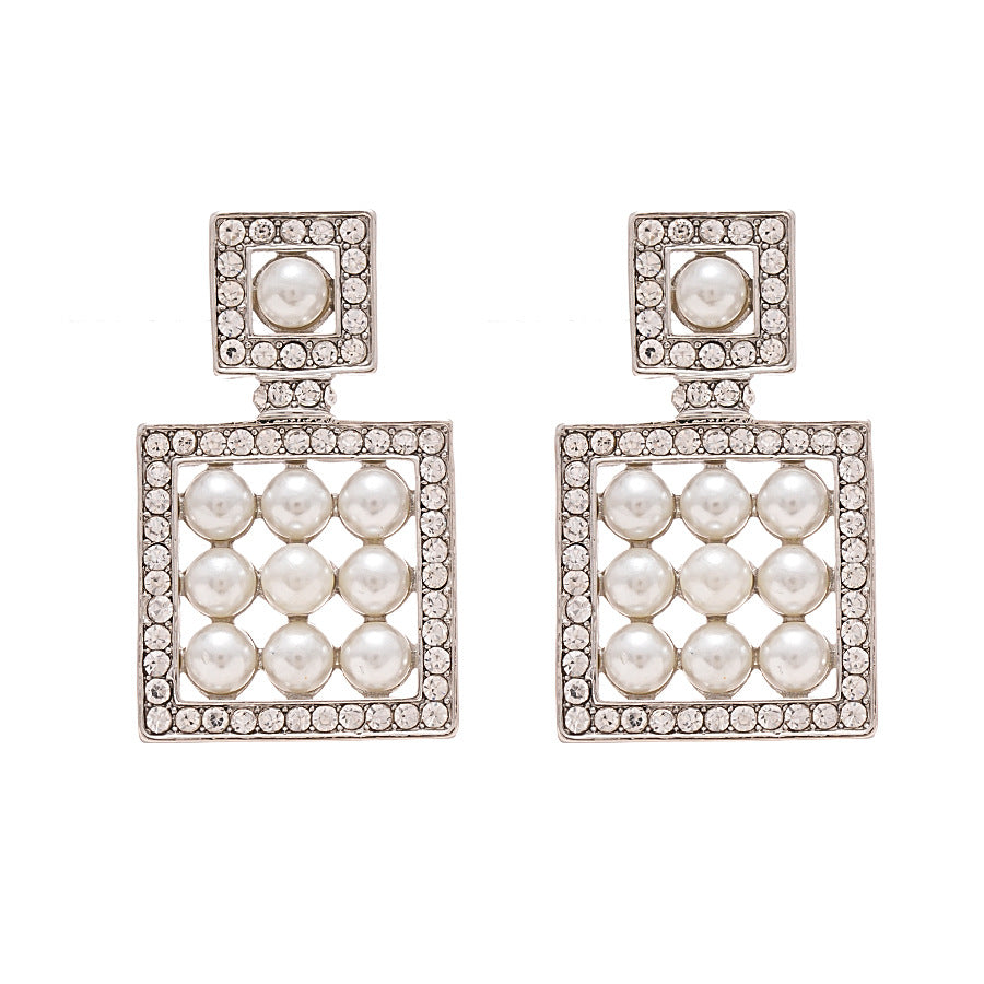 Wholesale Diamond Pearl Hollow Geometric Square Silver Needle Earrings