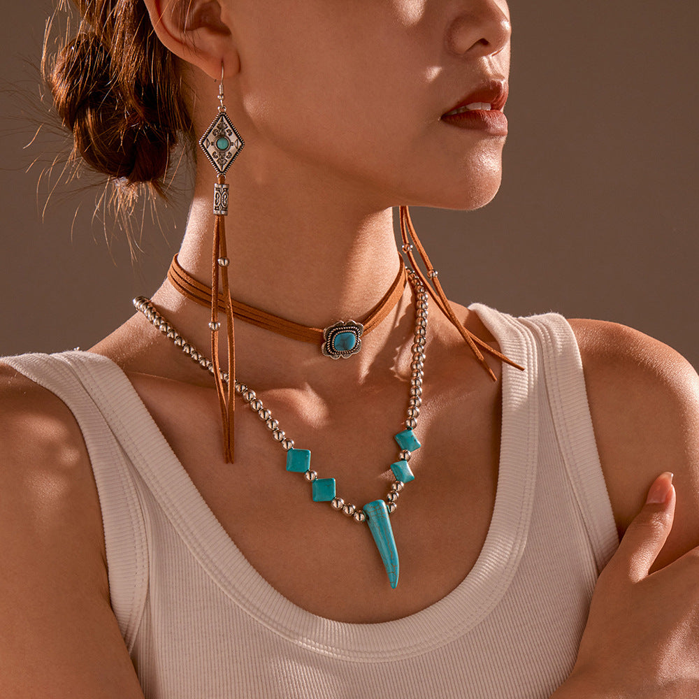 Wholesale Vintage Western Cowboy Cactus Turquoise Earrings and Clavicle Necklace Set