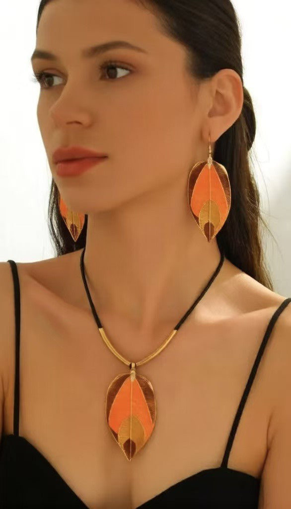 Wholesale Trendy Leaf Print Earrings and Necklace Set for Women - Old Money Style Jewelry Accessory