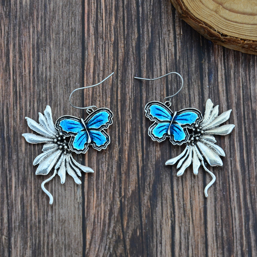 Wholesale  Fashion New Blue Ancient Silver Pendant Butterfly Earrings