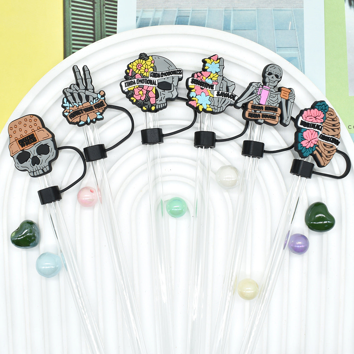 Wholesale Random 100pcs Halloween Skull 10mm PVC Soft Straw Tube Cap ACC-SCR-RYY075