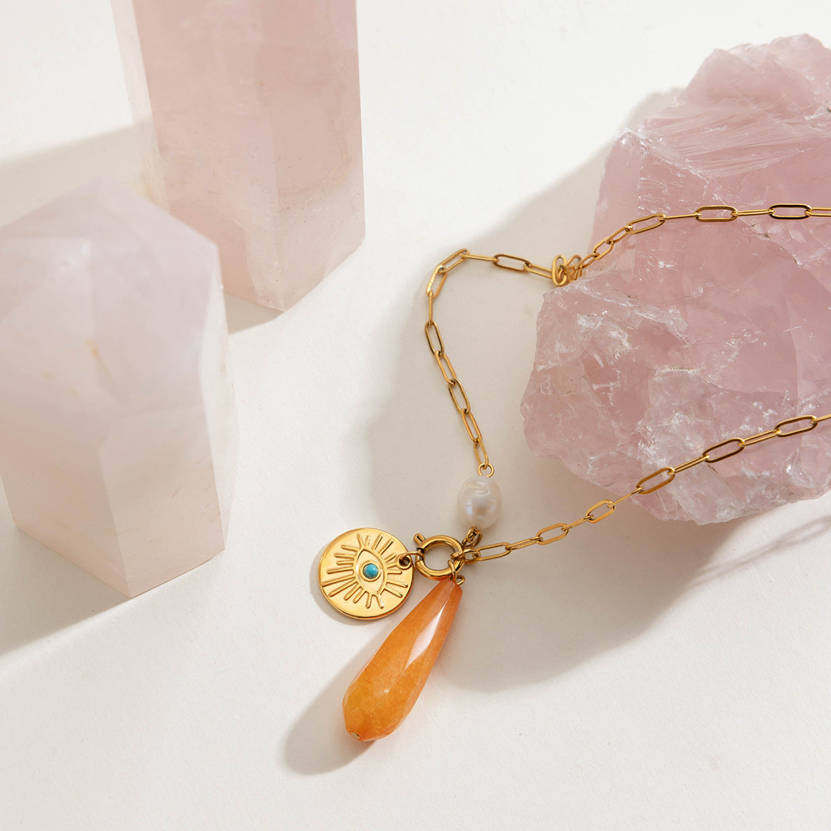 Wholesale  18K Gold Freshwater Pearl Devil's Eye Stainless Steel Necklace