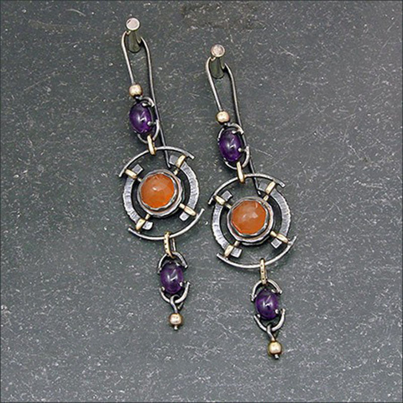 Wholesale Retro fashion orange dark purple gem geometric pendant earrings