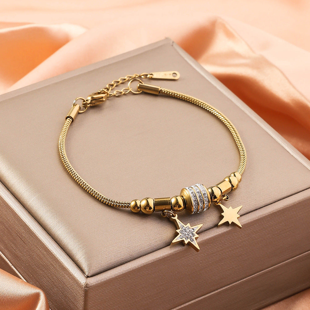 Wholesale Stainless Steel Double Layer 18K Gold Five Leaf Clover Bracelet ACC-BT-RuiX007