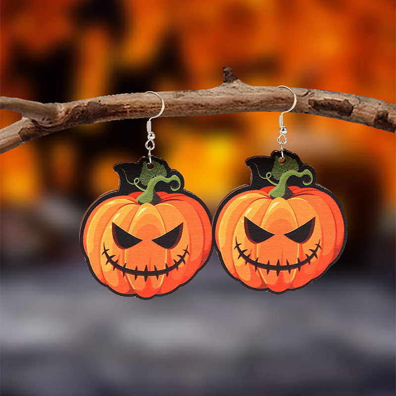 Wholesale Wood  Earrings Pumpkin Skull Bat  Fashion Accessory for Party Gift