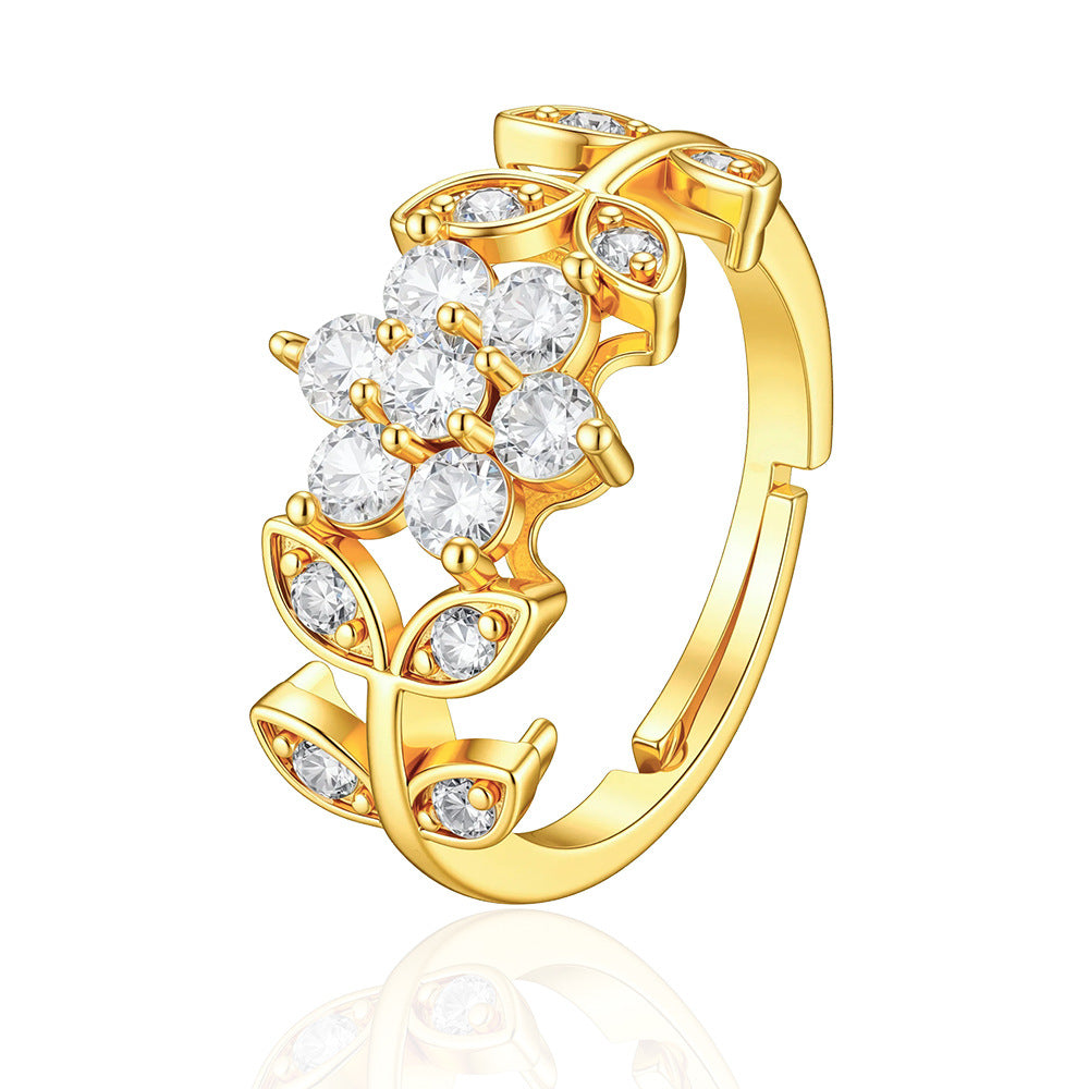 Wholesale Gold Copper Zircon Flower Adjustable Ring Women S Stylish Jewelry Accessory Boutique Resale