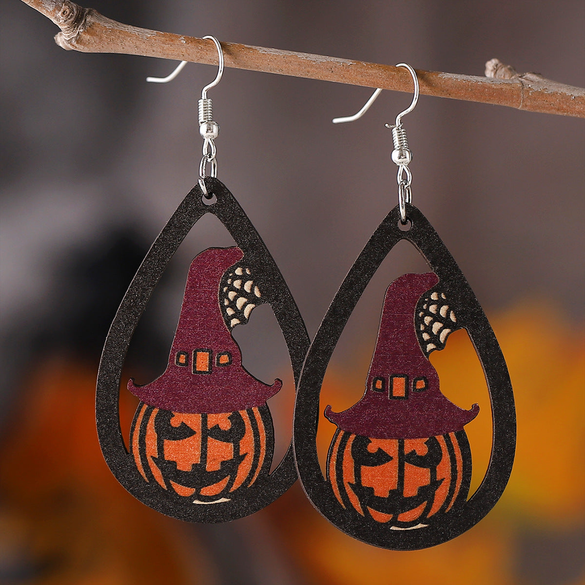 Wholesale   Halloween Ghost Face Pumpkin Witch Hat Witch Boots Pendant Wood Earrings
