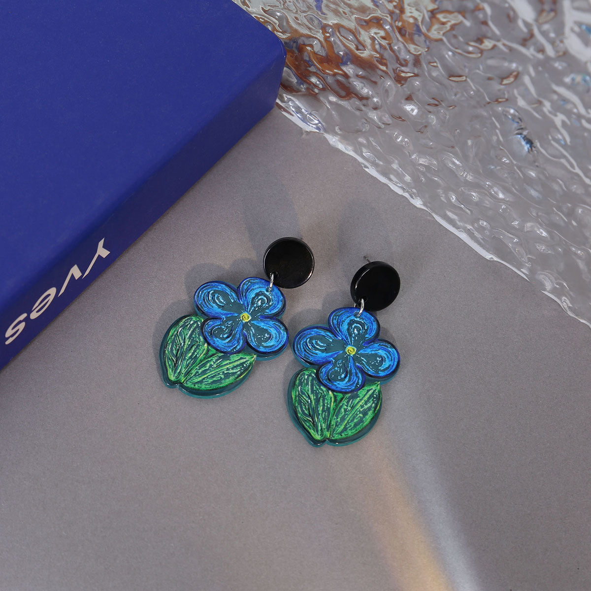 Wholesale Oil Painting Blue Flower Earrings