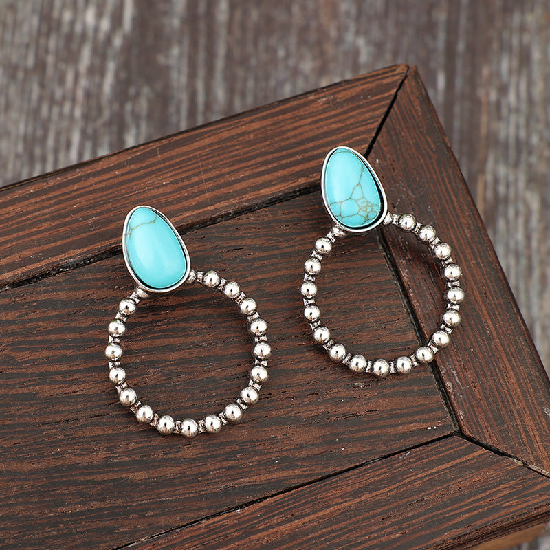 Wholesale Vintage Blue Turquoise Earrings Silver-Tone Alloy Bohemian Fashion Jewelry Accessory for Women