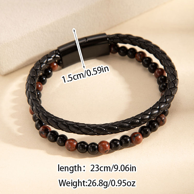 Wholesale Elegant Men S Handmade Multi Layer Cowhide Braided Bracelet With Volcanic Stone Stainless Steel Magnetic Clasp Fashion Accessory