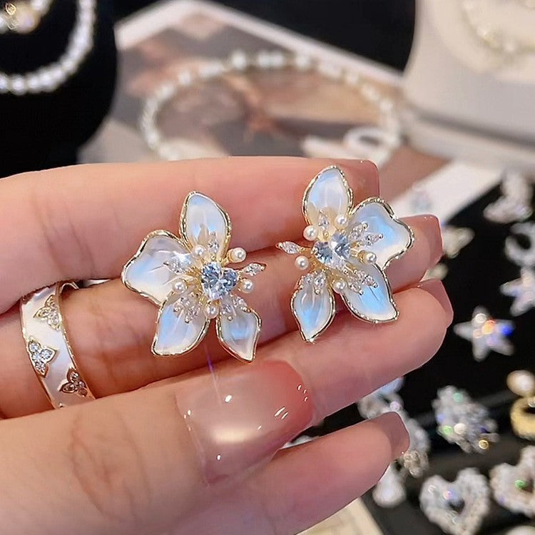 Wholesale Plated Copper Zircon Pearl Floral Earrings Fashion Jewelry Accessory for Boutique Resale