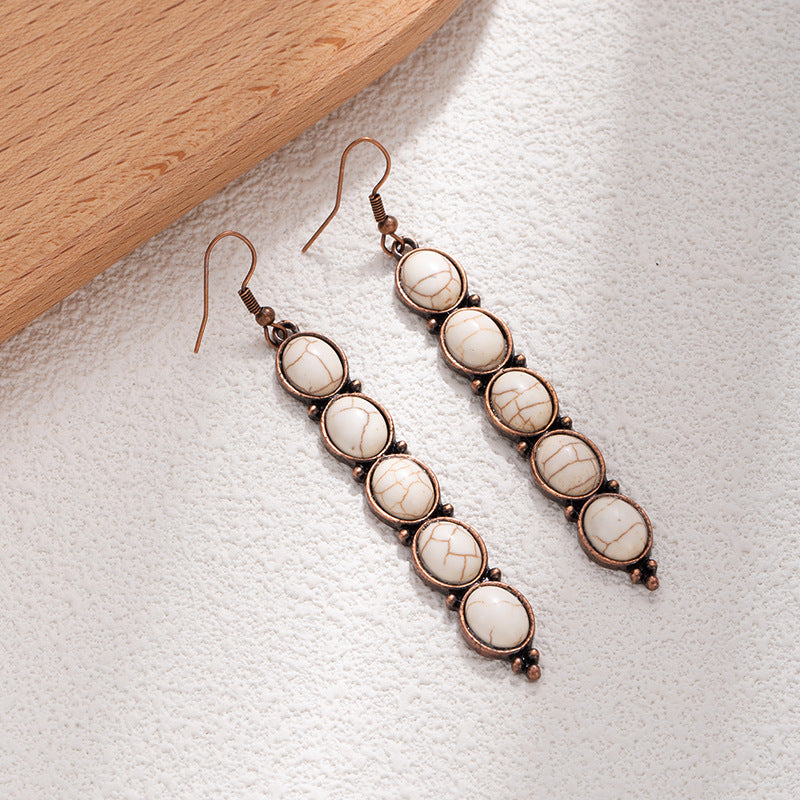 Wholesale Retro long exaggerated earrings for women alloy inlaid with white turquoise long earrings