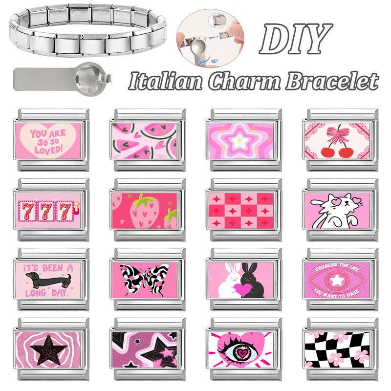 Wholesale Italian Charm Bracelet 9mm DIY Splicing Pink Stainless Steel Composable Bracelet