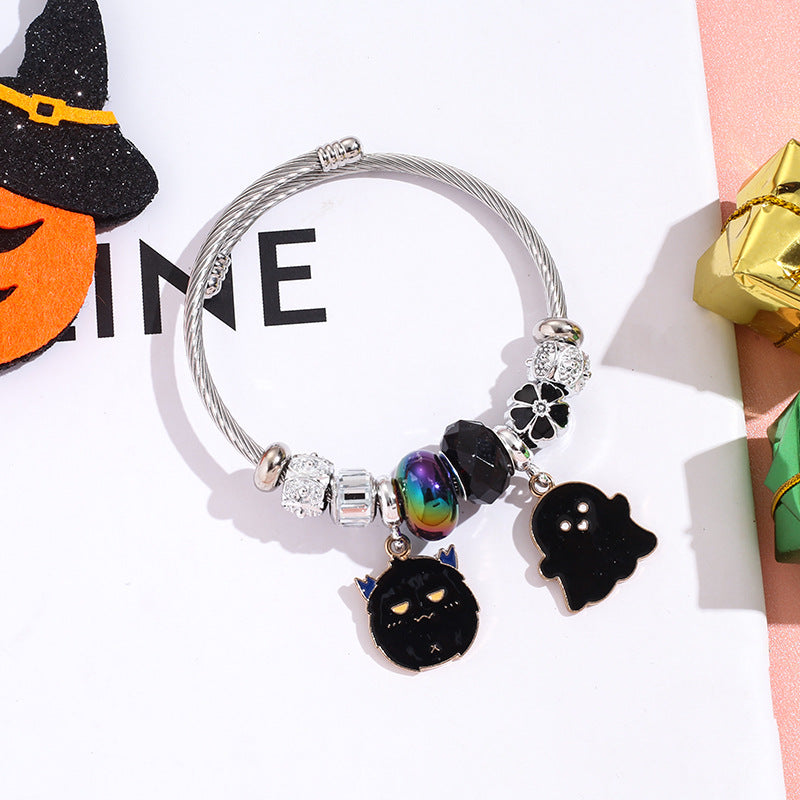 Wholesale Halloween Bat Ghost Witch Alloy Pendant Stainless Steel Bracelet ACC-BT-QingLian007