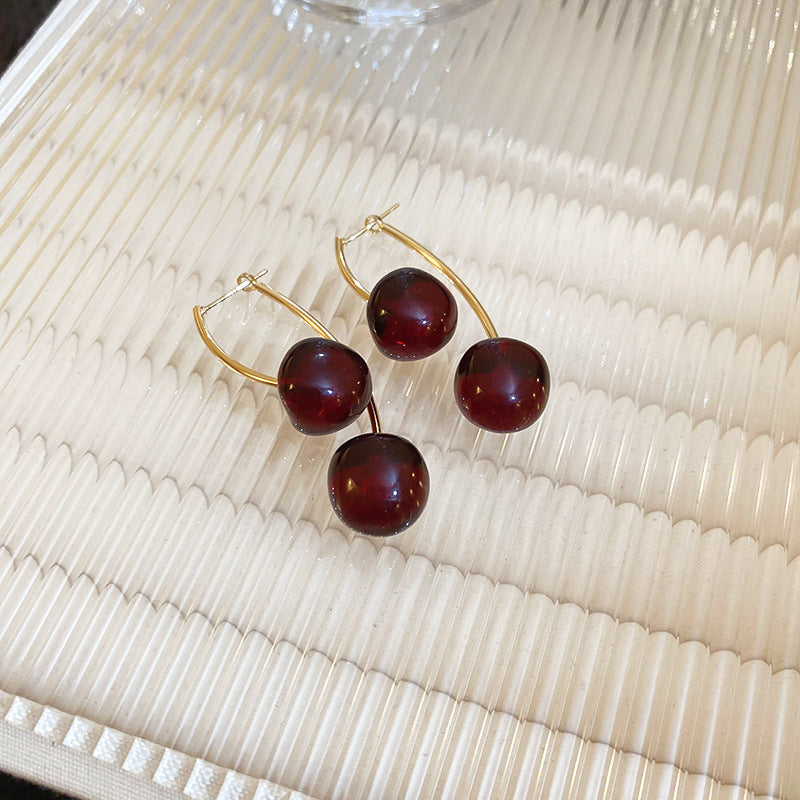 Wholesale Dark Red Resin Cherry Fruit Silver Needle Earrings ACC-ES-JingQiao003