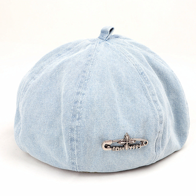 Wholesale Beret  retro washed distressed metal label pin Denim hat
