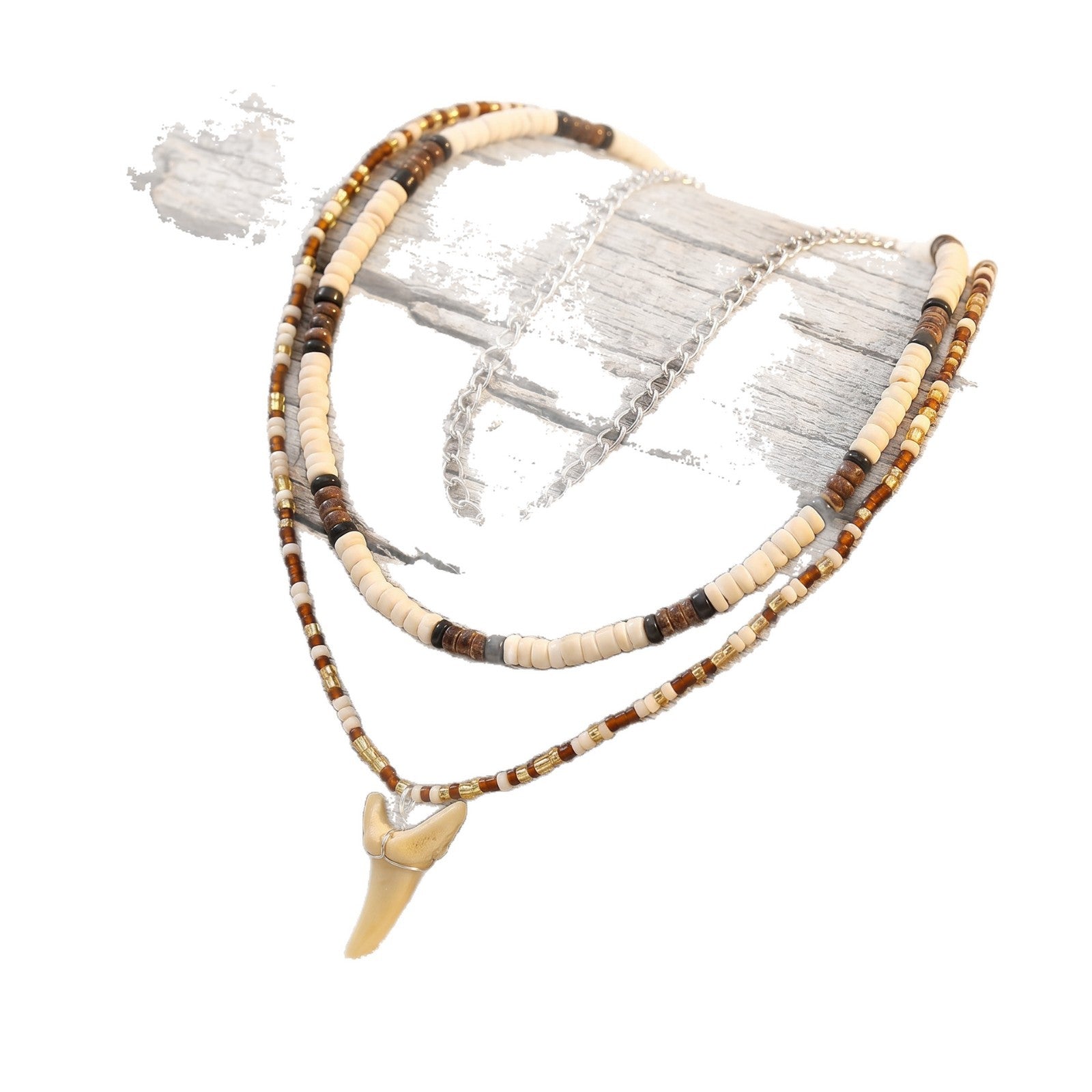 Wholesale Retro Contrasting Bead Double Layer Choker Necklace With Shark Tooth Pendant Vacation Style Women S Fashion Accessory
