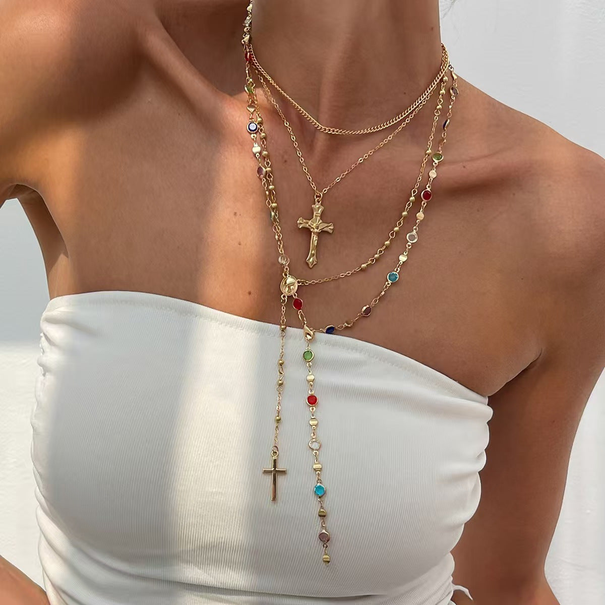Wholesale Alloy Cross Pendant Tassel Necklace 4 Piece Set For Women Trendy Everyday Jewelry Gift