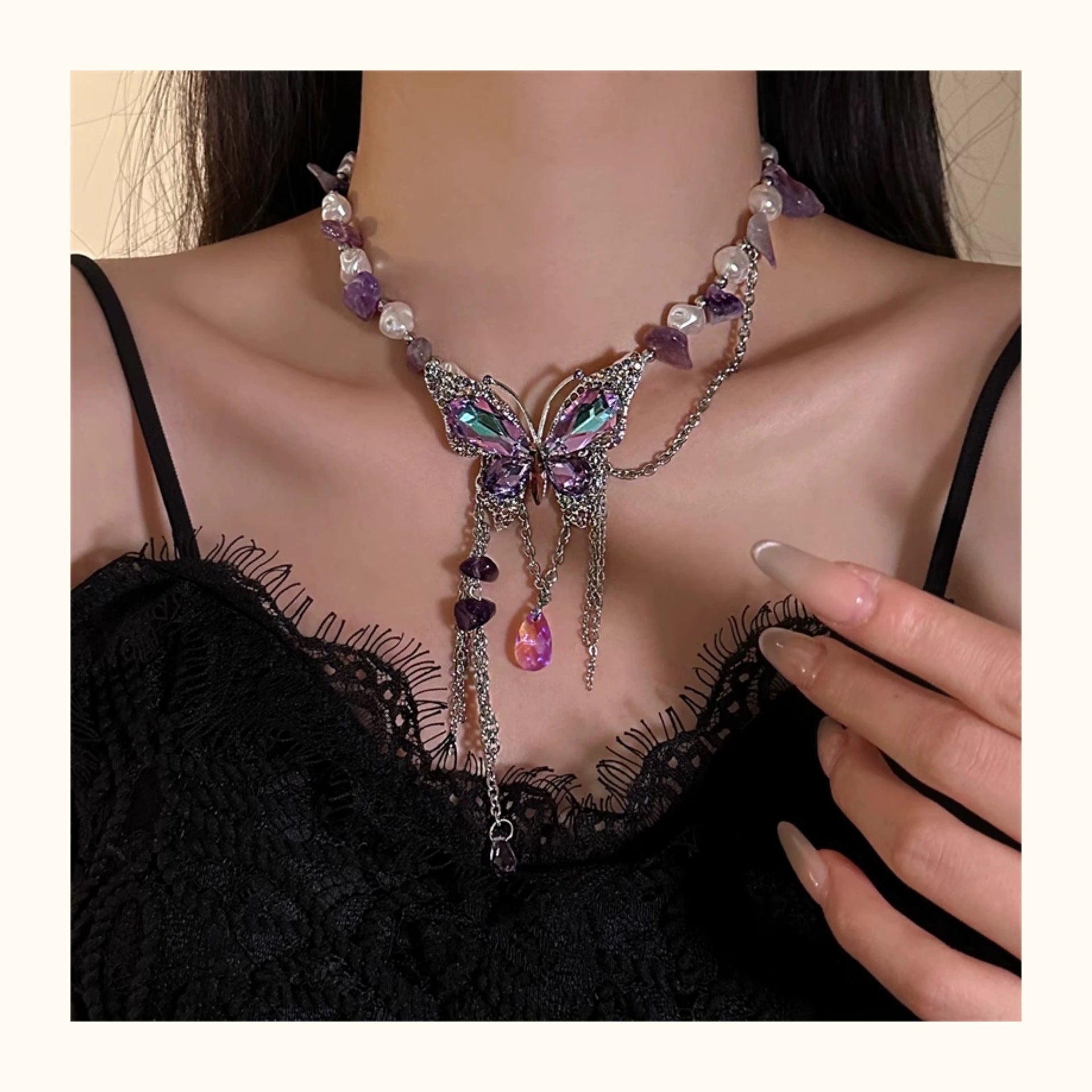 Wholesale Purple Zircon Butterfly Beaded Necklace