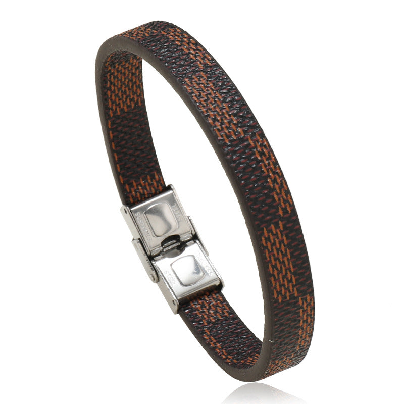 Wholesale Simple Striped Stainless Steel Leather Bracelet for Men