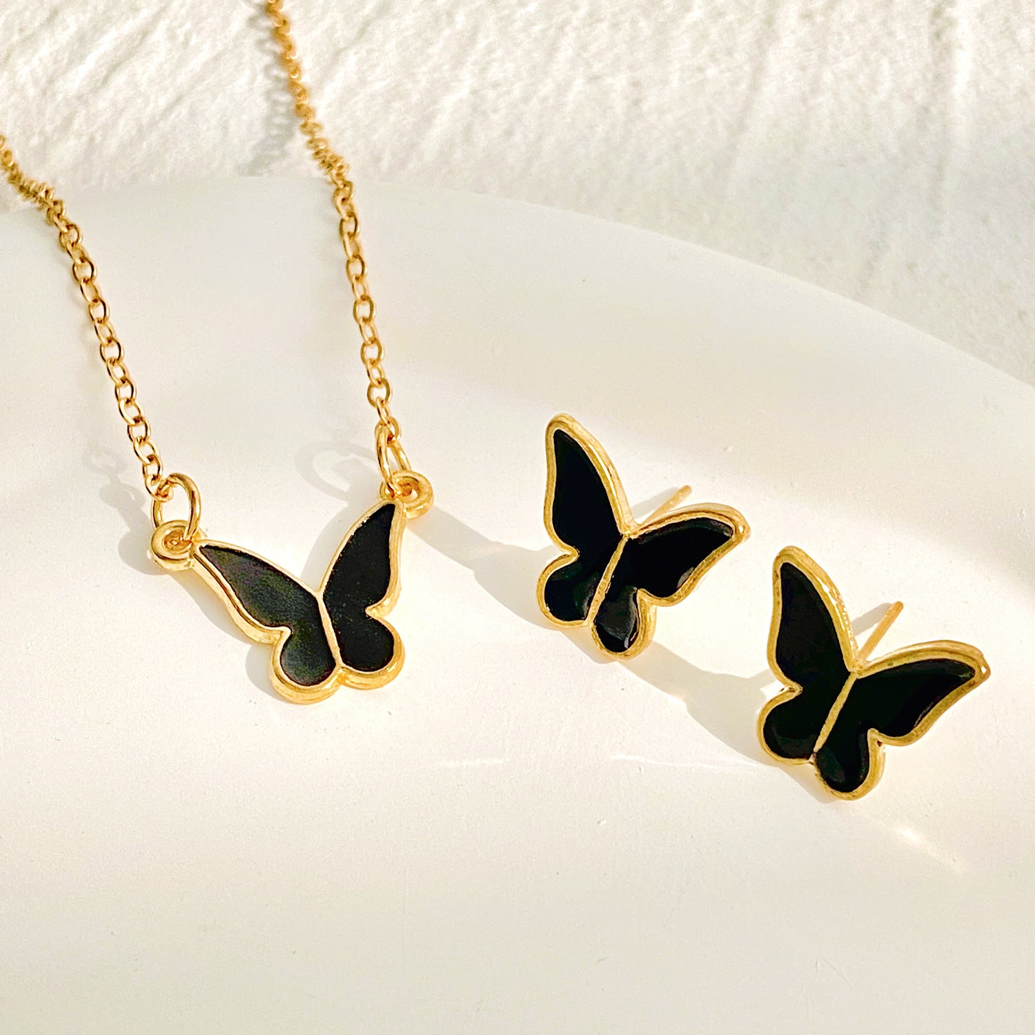 Wholesale Butterfly Jewelry Set Black Oil Drop Butterfly Necklace Earrings Ring Bracelet ACC-NE-meih004