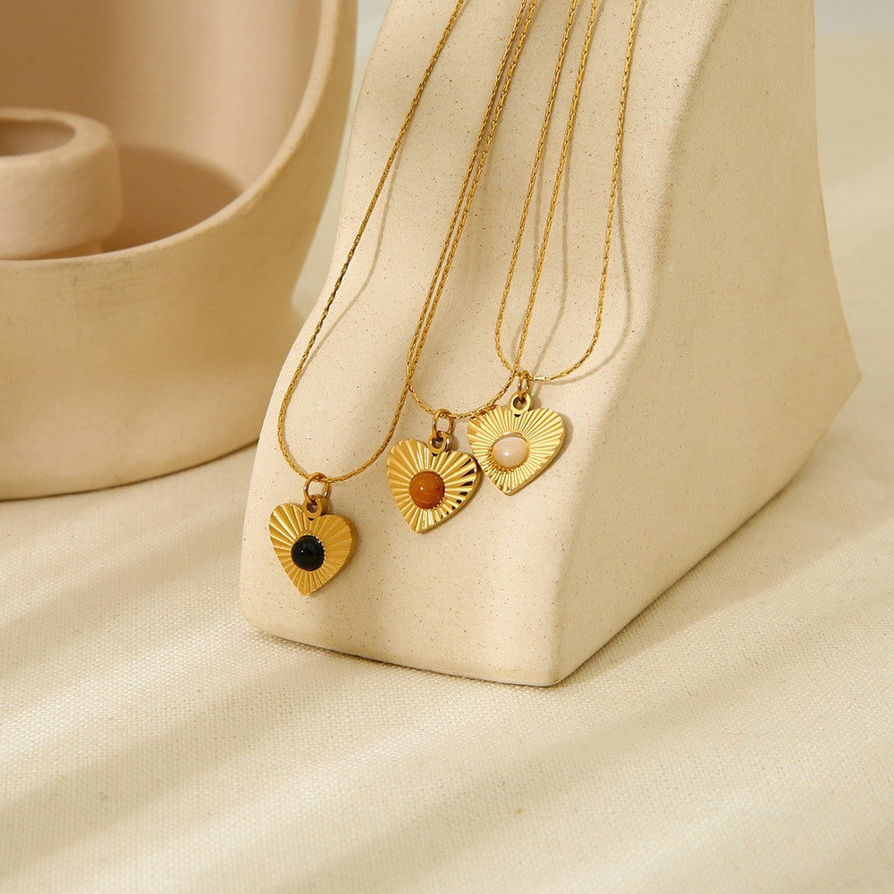 Wholesale Vintage Heart Natural Stone Pendant Necklace Gold Plated Stainless Steel Fashion Accessory Gift for Women