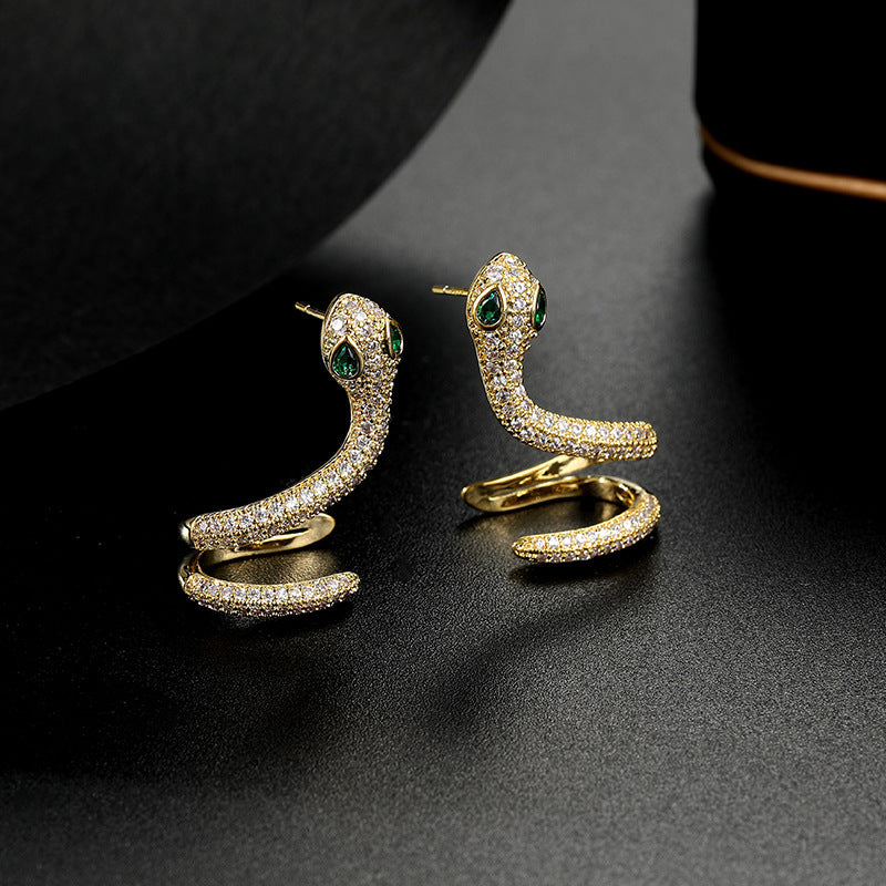 Wholesale 925 silver thickened real gold electroplated micro-inlaid snake earrings