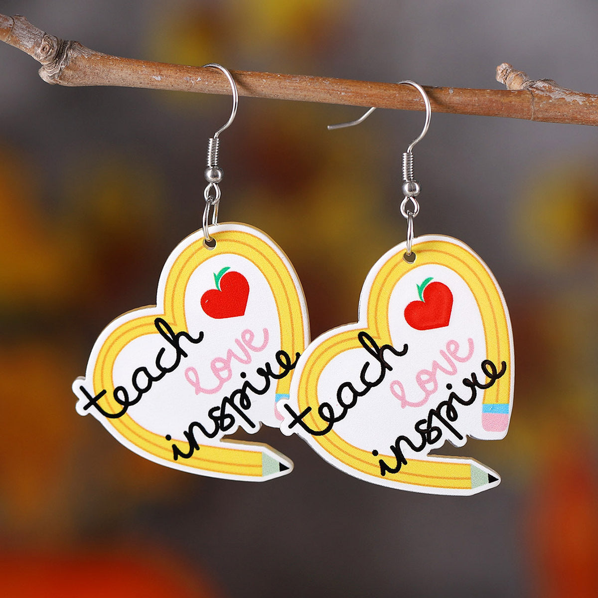 Wholesale School Season Pencil Apple Rainbow Love Ruler Pendant Earrings