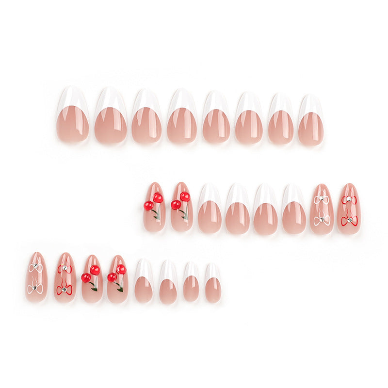 Wholesale 24 Pieces/box White Edge Cherry Bow Nails Kits Nail Stickers ACC-NS-LeFan261