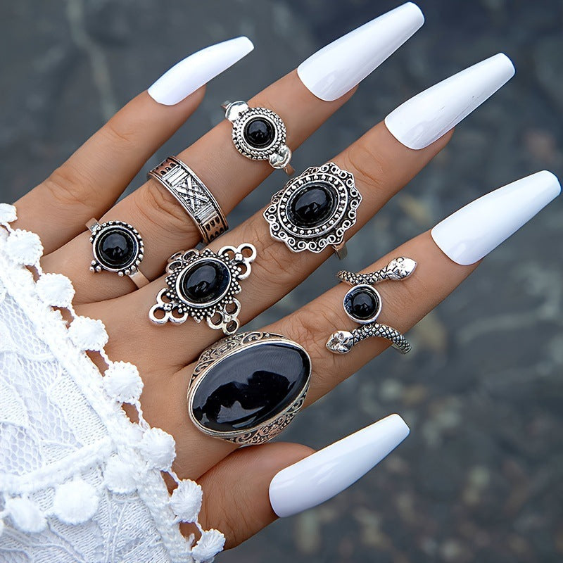 Wholesale Retro Turquoise Cross Hollow Ring Set - 5 Pcs Fashion Accessory for Unisex Gift Boutique Resale