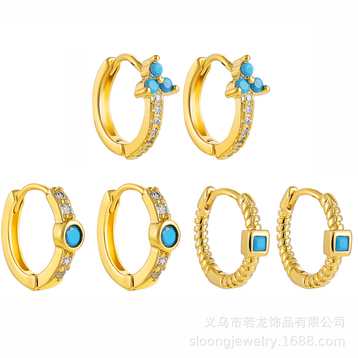 Wholesale Stainless Steel Golden Ear Buckle Set with Turquoise Small Design Earrings