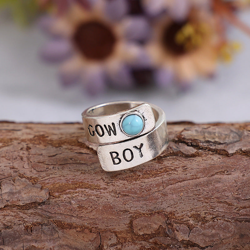 Wholesale  Fashion Ancient Silver Wide-brimmed English Letter Ring ins Cold Style Alloy Turquoise Open Ring