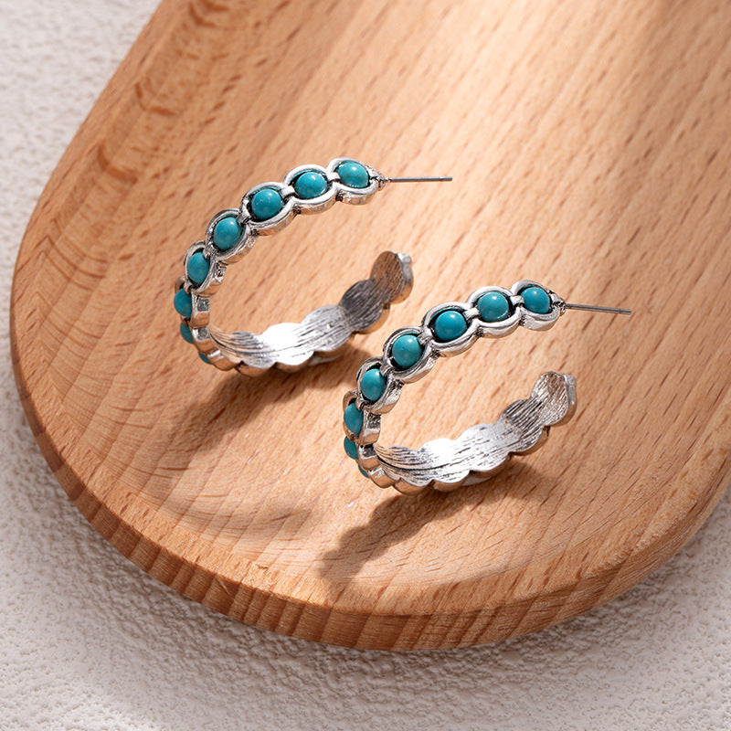 Wholesale Retro Western Style Turquoise Large Circle C-Shaped Earrings