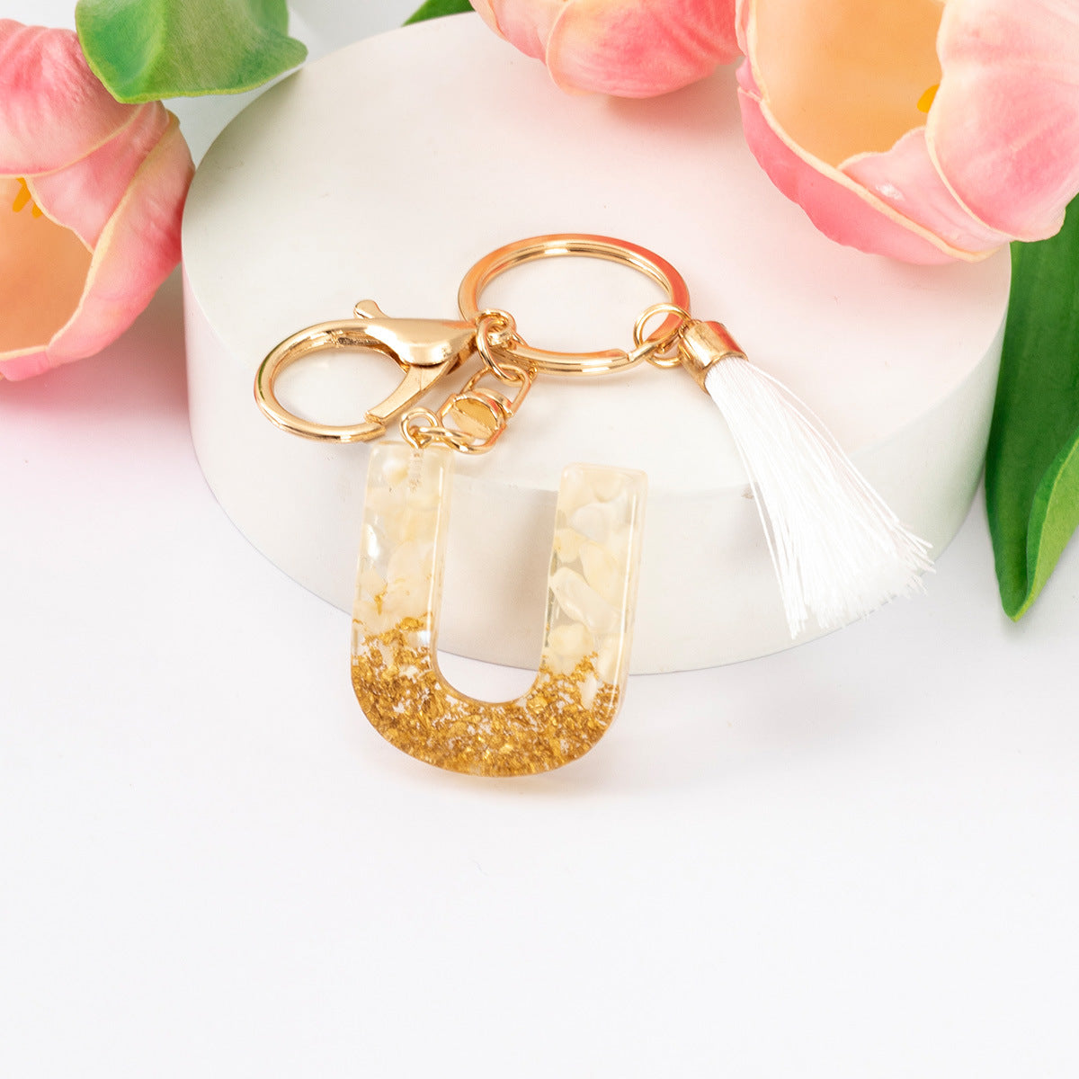 Wholesale Gold Foil New Resin Crystal Glue White Tassel Color English Digital Keychain